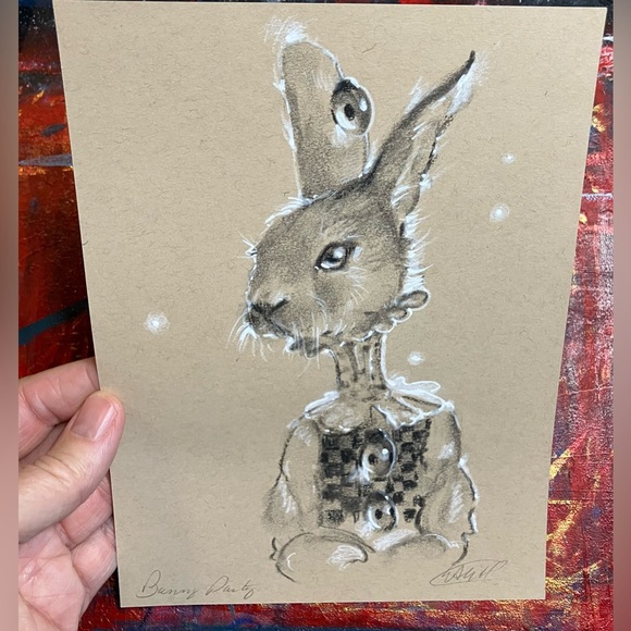 Original Bunny Rabbit painting Whimsical surreal art Character Charcoal Pastel - Picture 6 of 8